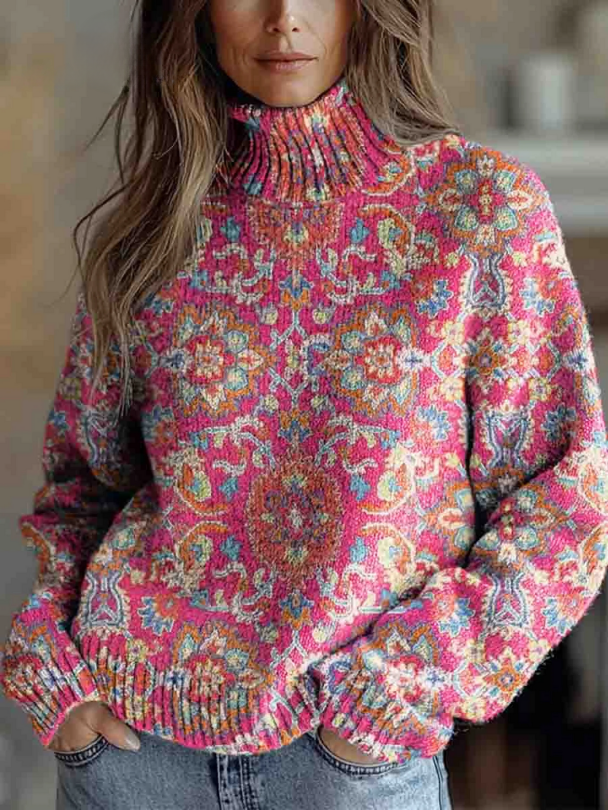 Kennedy | Retro Ethnic Floral Turtleneck