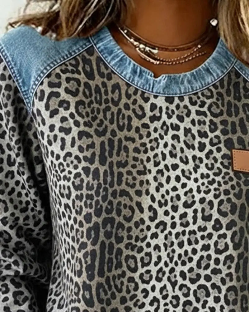 Leopard Print Patchwork Denim Sweater