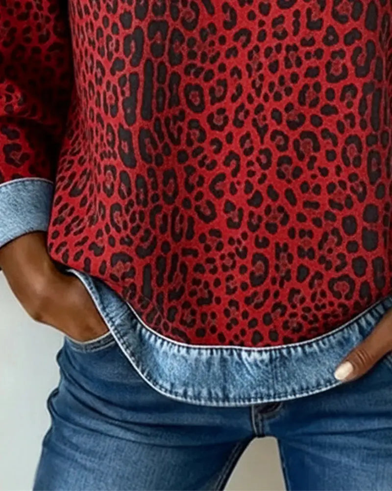 Leopard Print Patchwork Denim Sweater