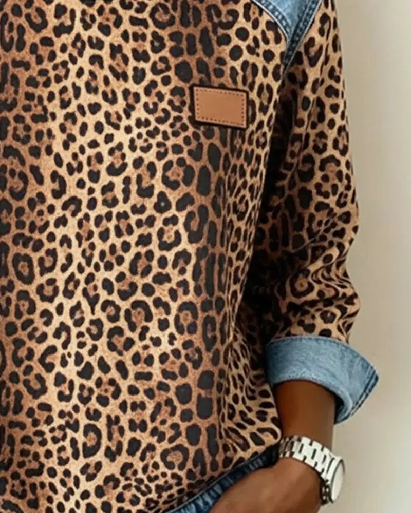 Leopard Print Patchwork Denim Sweater